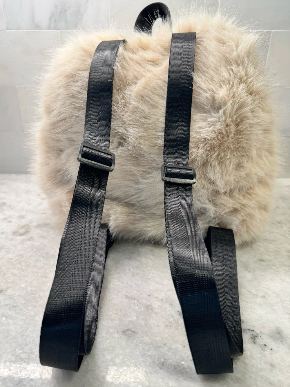 New Women’s Cream Color Soft Faux Fur Mini Backpack Purse w/ Dog Bag Charm